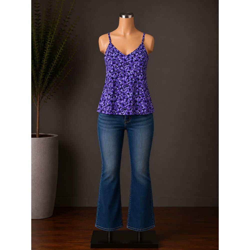 A New Day Purple Floral V-Neck Sleeveless Cami Tank Top Small